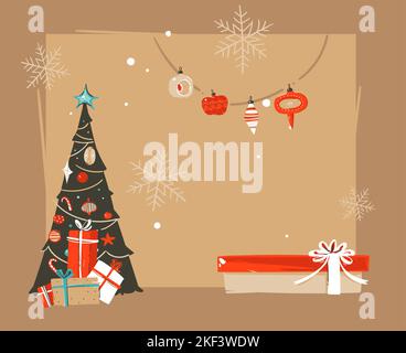 Abstrait vectoriel dessiné à la main Merry Christmas and Happy New Year Time vintage caricatures illustrations modèle d'en-tête de message avec boîtes-cadeaux surprise et Illustration de Vecteur