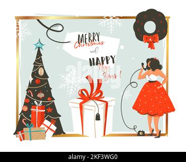 Abstrait vectoriel dessiné à la main Joyeux Noël et joyeux nouvel an rétro dessin animé vintage carte de voeux avec la femme belle en robe et Illustration de Vecteur