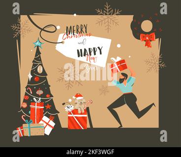 Résumé vectoriel dessiné à la main Happy New Year Time caricatures illustrations carte rétro avec arbre de Noël, boîtes-cadeaux surprise, chien de mammifère et homme drôle isolé Illustration de Vecteur