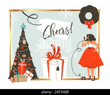 Abstrait vectoriel dessiné à la main Joyeux Noël et joyeux nouvel an rétro dessin animé vintage carte de voeux avec femme belle en cadeau robe Illustration de Vecteur