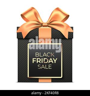 Black Friday sale boîte-cadeau noire de style supérieur motif vectoriel, enveloppé de ruban en satin doré et d'étiquette de texte de vente, isolé sur fond blanc. Illustration de Vecteur