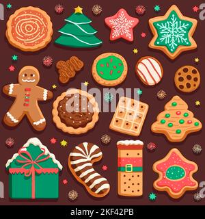 Un ensemble de différents cookies de Noël isolés sur fond marron. Illustration de Vecteur