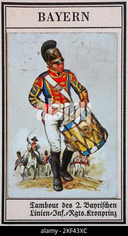 Uniformes allemands du 19th siècle, lignes - infanterie: Bavière, tambourr du 2nd Bavarian Lines infanterie Regiment Kronprinz, historique, restauré numériquement reproduction d'un collectionneur de domaine public du début du 20th siècle / Deutsche Uniformen des 19. Jahrhunderts, Linien - Infanterie: Bayern, Tambur des 2. Bayrischen Linien Infanterie Regiment Kronprinz, Historisch, digital restaurierte Reproduktion eines gemeinfreien Sammelbildes aus dem frühen 20. Jahrhundert Banque D'Images