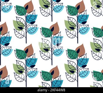 Motif de feuilles sans couture vectoriel moderne, lignes noires et fonds pleins Illustration de Vecteur