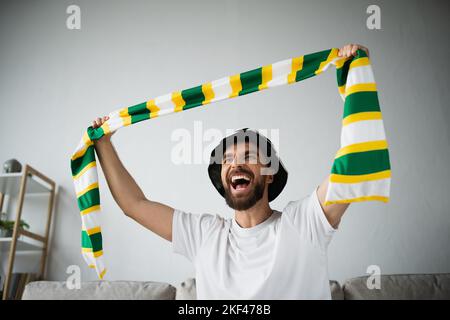 un homme émerveillé dans un chapeau de fan tenant un foulard étouffé tout en regardant le championnat, image de la bourse Banque D'Images