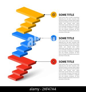 Modèle d'infographie avec icônes et 3 options ou étapes. Escalier. Peut être utilisé pour la mise en page de flux de travail, le diagramme, la bannière, la conception Web. Illustration vectorielle Illustration de Vecteur