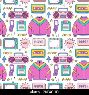 Motif lumineux sans couture avec des articles des années 90 - cassette rétro et boombox de musique, veste de sport, téléphone à clapet, disquette, tv et étoiles sur fond blanc. Nostalgie pour le 1990s. Illustration de Vecteur