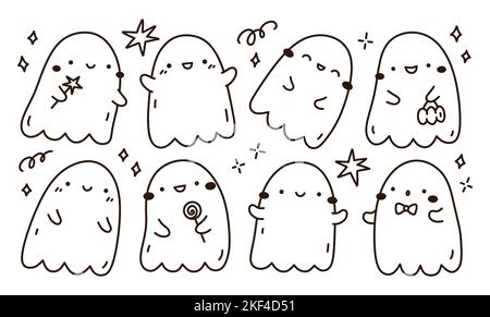 Ensemble de fantômes mignons et drôles isolés sur fond blanc. Illustration vectorielle dessinée à la main, style doodle. Personnages kawaii. Parfait pour les cartes, les décorations, le logo, les autocollants et les motifs d'Halloween. Illustration de Vecteur