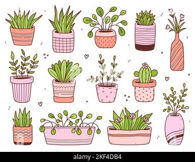 Ensemble de jolies plantes à la maison dans des pots de fleurs isolés sur fond blanc. Illustration vectorielle dessinée à la main, style doodle. Parfait pour les cartes, les décorations, les autocollants, les différents modèles. Illustration de Vecteur