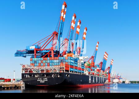 Containerschiffe am Containerterminal Burchardkai im Hamburger Hafen, Hanjin Espagne, Panama, Banque D'Images