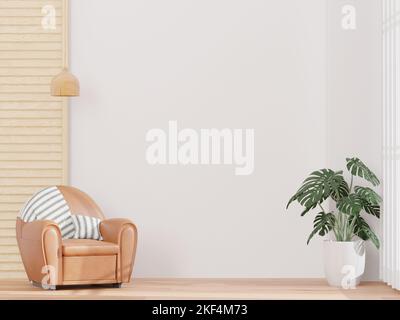 Un 3D rendu d'un salon avec un canapé en cuir marron dans le style japonais minimaliste Banque D'Images