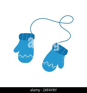 Jolies moufles bleues chaudes et confortables sur une corde. Accessoire hiver pour les mains. Illustration vectorielle isolée colorée, dessin à la main. Maille confortable Illustration de Vecteur