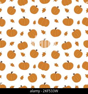 Motif automnal sans couture avec citrouilles et feuilles de chêne sur fond blanc. Illustration vectorielle colorée dessinée à la main. Emballage ou impression pour tissu, pap Illustration de Vecteur
