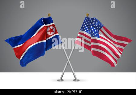 Deux drapeaux croisés Wavy des États-Unis d'Amérique et de la Corée du Nord, signe des relations américaines et nord-coréennes Banque D'Images