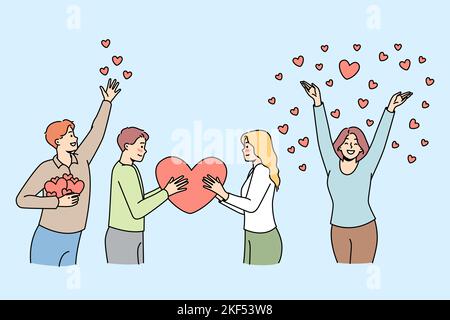 Les jeunes hommes, les femmes ont un grand cœur, donnent, répandent leurs sentiments profonds, attention, bonheur. Couple tombant amoureux, paire de chérins, fête de Saint Valentin. Ensemble romantique vector Outline. Illustration de Vecteur