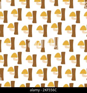 Motif sans couture avec champignons rugueux jaunes poussant sur un tronc d'arbre. Motif vectoriel coloré Doodle dessiné à la main. Saison d'automne. Emballage ou fabr Illustration de Vecteur