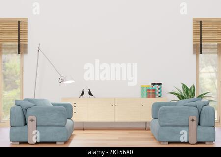 Un rendu 3D d'un salon avec un mur blanc, une grande fenêtre, et lampe d'étude Banque D'Images