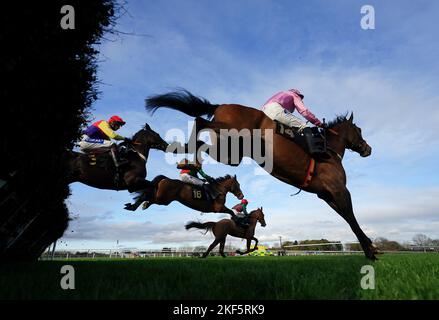 Coureurs et cavaliers dans l'obstacle « National Hunt » novices racingtv.com/freetrial à l'hippodrome de Warwick. Date de la photo: Mercredi 16 novembre 2022. Banque D'Images