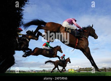 Coureurs et cavaliers dans l'obstacle « National Hunt » novices racingtv.com/freetrial à l'hippodrome de Warwick. Date de la photo: Mercredi 16 novembre 2022. Banque D'Images