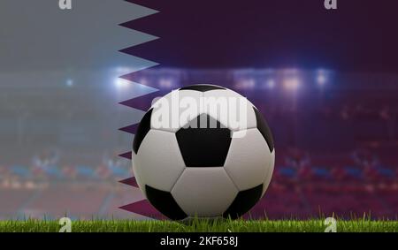 Ballon de football sur un terrain de pelouse devant les lumières du stade et le drapeau du qatar. 3D rendu Banque D'Images