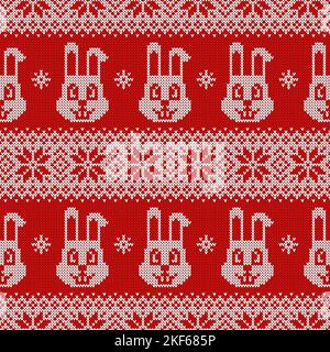 Motif sans couture en maille pour la nouvelle année 2023 du lapin. Arrière-plan vectoriel avec de jolis lapins, flocons de neige et ornements scandinaves. SW. Rouge et blanc Illustration de Vecteur