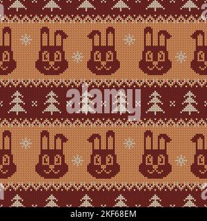 Motif sans couture en maille pour la nouvelle année 2023 du lapin. Décoration vectorielle avec petits lapins, flocons de neige et arbres de Noël. Chandail brun et beige Illustration de Vecteur