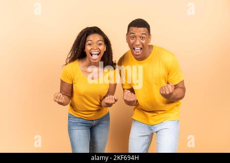 Hooray. Les conjoints noirs euphoriques secouant les poings serrés et s'exclamant avec enthousiasme, célébrant le succès Banque D'Images