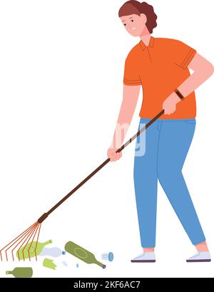 Faire du blanchiment volontaire des ordures. La femme recueille la litière du sol isolée sur fond blanc Illustration de Vecteur