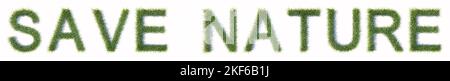 Concept ou gazon vert conceptuel formant texte DE SAUVEGARDE DE LA NATURE isolé sur fond blanc. métaphore d'illustration 3d pour l'écologie et l'environnement Banque D'Images