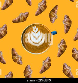 Un fond sans couture de croissants et une tasse de cappuccino au milieu sur fond jaune Banque D'Images