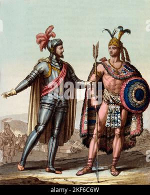 Rencontre de Hernando Cortes ou Hernand Cortez - Montezuma II, roi azteque, et Hernan (ou Hernando) Cortes ou Fernand Cortez (1485-1547), conquistador espagnol - gravure 'le costume ancien et moderne' par Ferrario, éd. Milan, 1819-20 Banque D'Images