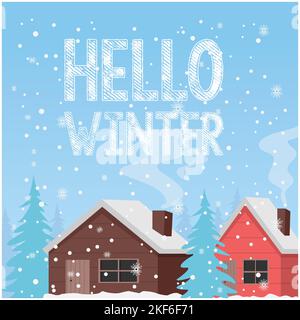 Bonjour hiver. Conception plate Hello Winter image vectorielle d'arrière-plan. Illustration paysage d'hiver. Illustration de Vecteur