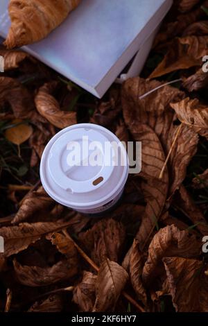 Scène d'automne. Tasse à café et livres Banque D'Images