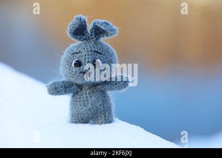 Lapin tricoté gris sur une neige dans un parc d'hiver sur fond flou. Symbole du nouvel an chinois 2023 Banque D'Images