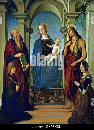 La Vierge et l'enfant avec les saints Jérôme, Jean le Baptiste et les donateurs, Nicolo Rangoni et Bianca Bentivoglio Maître de la Pala Rangoni Modène 15th -16th siècle, Italie, Italien, Banque D'Images