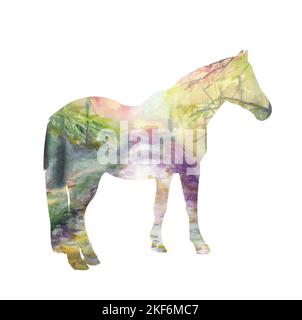 Découpez la silhouette d'un cheval debout avec un motif de forêt aquarelle. Isolé sur fond blanc. Banque D'Images