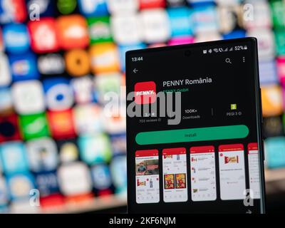 Galati, Roumanie - 31 octobre 2022: Penny Romania application disponible sur Google Play Store pour smartphones Android Banque D'Images