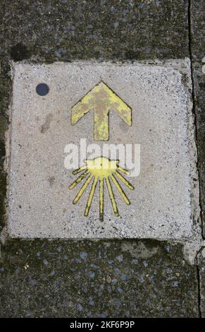 Marqueur de trottoir pour le chemin des pèlerins de Saint-Jacques à Saint-Jacques-de-Compostelle Oviedo Asturias Espagne Banque D'Images