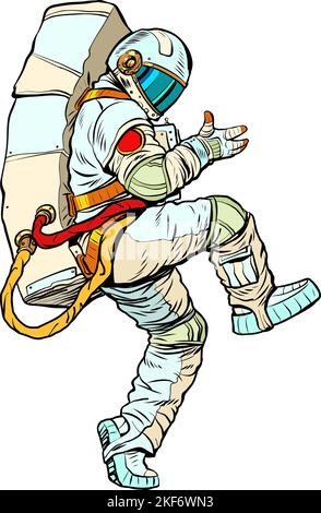 homme astronaute dans une danse et des réjouissances spatiales, sautez dans le futur. homme dans une posture drôle Illustration de Vecteur