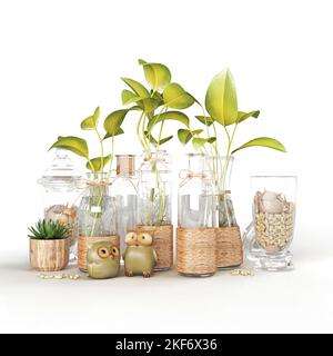 Les 3D vases en verre réalistes avec des plantes isolées sur un fond blanc vertical. Banque D'Images
