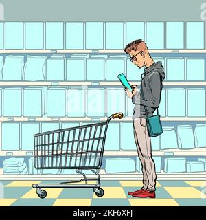 Un jeune homme avec un chariot d'épicerie dans le magasin regarde le téléphone. Sélection de produits en ligne. Commerce électronique Illustration de Vecteur