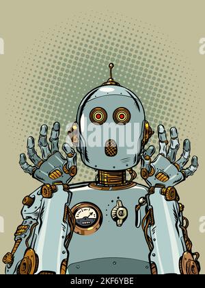 le robot effrayé a soulevé ses mains de surprise. Émotions de l'intelligence artificielle. Mécanisme rétro Illustration de Vecteur