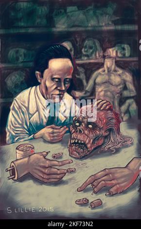 Oeuvre d'art d'horreur d'un homme travaillant sur des parties du corps inspiré par le musée The Horror in the Museum de HP Lovecraft, qui a été écrit pour Hazel Heald en 1932. Banque D'Images