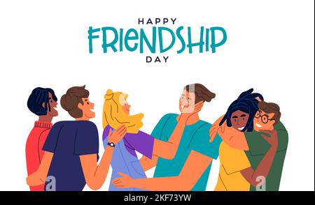 Illustration vectorielle de carte de vœux Happy Friendship Day. Des jeunes gens divers se câlin. Célébration par groupe d'amis dans un style plat. Illustration de Vecteur