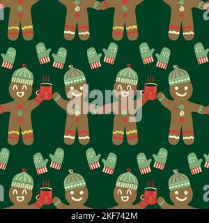 Joli pain d'épice homme sans couture motif vectoriel. Applaudir, des hommes de pain d'épice de Noël sur fond vert foncé avec des chapeaux, une boisson chaude, des gants Illustration de Vecteur