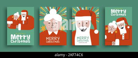 Joyeux Noël carte de voeux illustration ensemble de Père noël heureux avec femme. Fêtes d'hiver amusantes personnages de dessins animés festifs pour Noël fête Illustration de Vecteur
