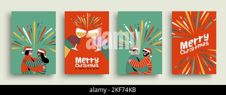 Joyeux Noël carte de vœux de bonne année illustration de divers amis de femme et d'homme embrassant. Motif fête de l'amitié pour les fêtes dans un panier plat Illustration de Vecteur