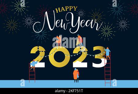 Bonne carte de vœux du nouvel an 2023 des jeunes de l'équipe travaillant ensemble faisant grand calendrier date numéro signe avec des feux d'artifice de fête. Groupe d'amis ou famille Illustration de Vecteur