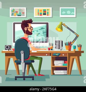 Illustration vectorielle d'un homme travaillant à son bureau d'ordinateur moderne Illustration de Vecteur