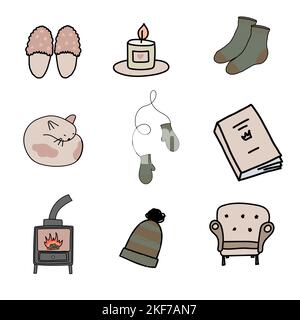 ensemble de photos confortables pour l'hiver, livre de bougie de chat Illustration de Vecteur